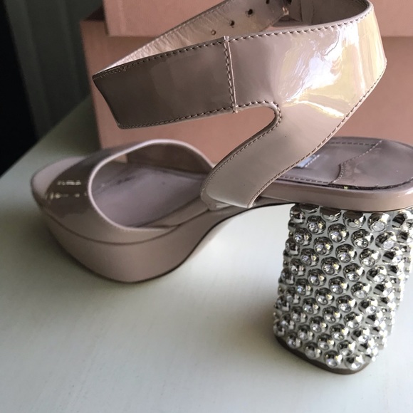 Miu Miu Jeweled Heel Ankle Strap Platforms in Nude - Picture 5 of 8